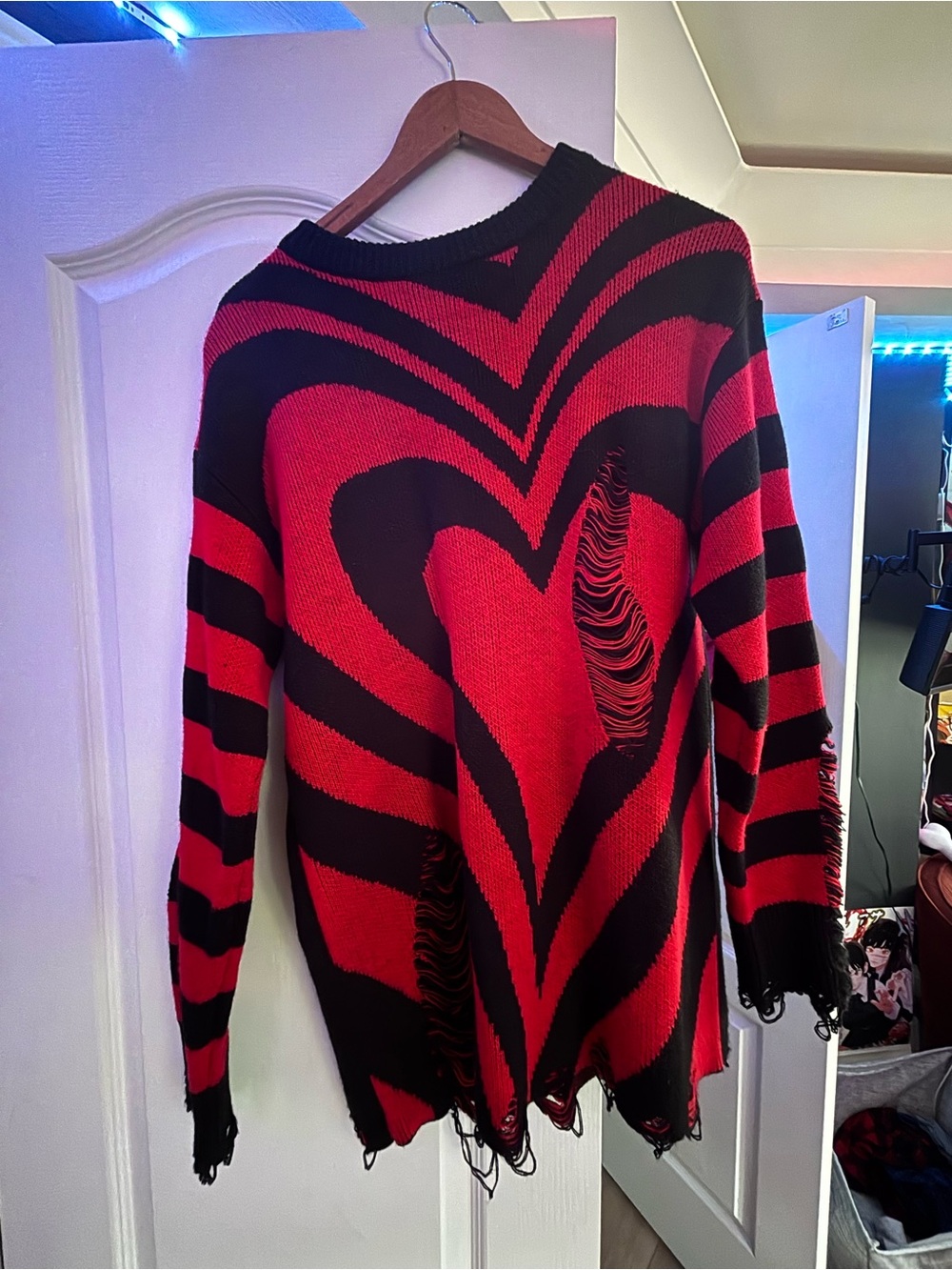 Hot Topic Red and Black Heart Stripe Distressed Sweater